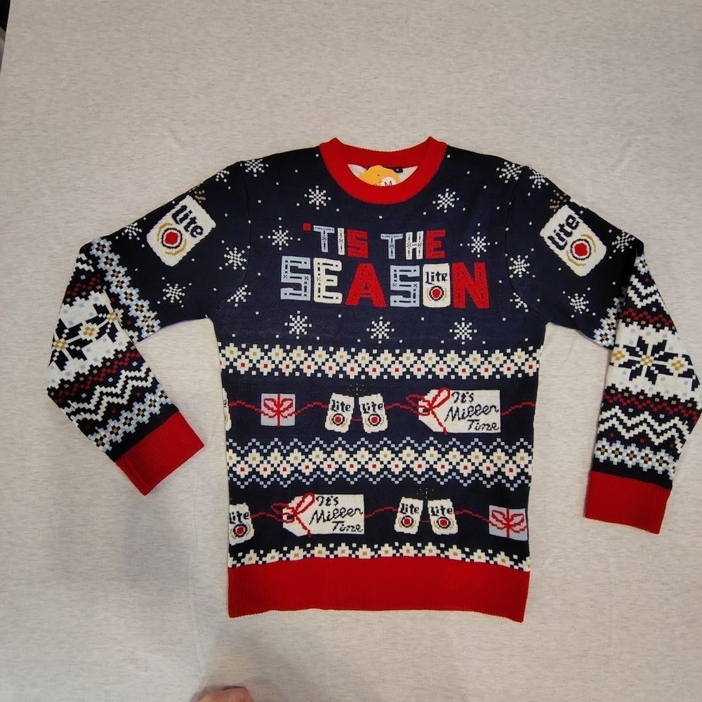 Miller Lite Mens Tis The Season Ugly Christmas Sweater Navy Blue Red Size M